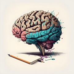illustrated brain and someone writing  - obrazy, fototapety, plakaty
