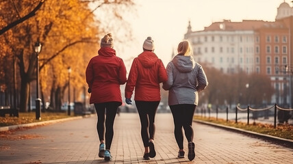 healthy energetic running fitness friends walking in city park.