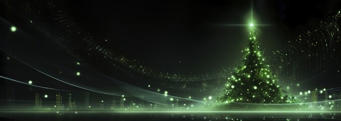 banner futuristic glowing green christmas tree , digital electronic programming neon code with green lines and dots, science and technology, Glowing rays with flickering particles ,copyspace.