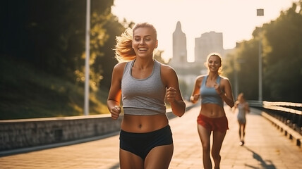 healthy energetic running fitness friends walking in city park.