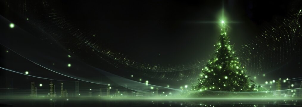 banner futuristic glowing green christmas tree , digital electronic programming neon code with green lines and dots, science and technology, Glowing rays with flickering particles ,copyspace.