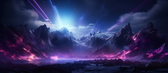 Abstract neon background with pink and blue fireworks over a cosmic landscape framed in UV light within a virtual reality space that includes mountains rocks and a grid