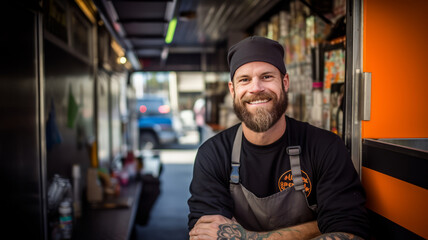 Fototapeta premium Portrait of a food truck owner on street.
