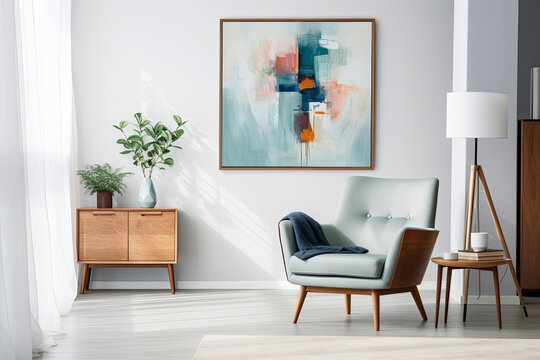 Living room interior with armchair, coffee table, lamp and a painting on the wall. 3d render
