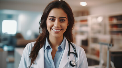 female Doctor Wearing White Coat With Stethoscope In Hospital Office.