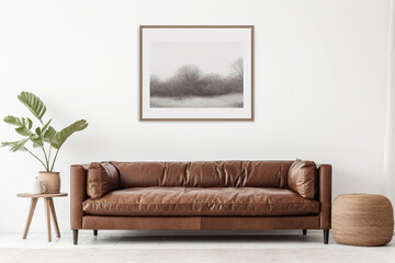 modern living room with brown leather sofa and black picture on the wall