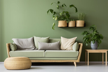Interior of modern living room with green wall and sofa 3d render