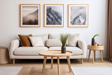 Modern living room interior with a beige sofa, a coffee table and posters on the wall. 3d rendering mock up