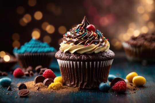 Decadent Gourmet Cupcake Hyper-Realistic Image - High-Resolution, Colorful & Creamy Dessert Delight with Bursting Toppings, AI Generated