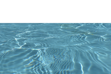 Defocus blurred transparent blue colored clear calm water surface texture with splashes reflection. Trendy abstract nature background. Water waves in sunlight with copy space. Blue watercolor shine.