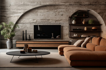 Interior of modern living room with brown sofa and wooden bookcase