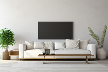 Interior of modern living room with white walls, wooden floor, white sofa and black mock up poster frame. 3d rendering