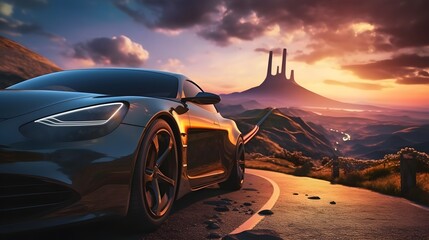 The image in front of the sports car scene behind as the sun going down with wind turbines in the back.