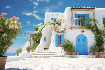 White architecture on Santorini island, Greece. 3D rendering - obrazy, fototapety, plakaty