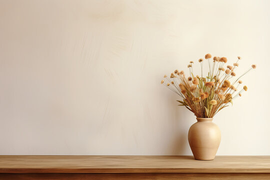 Vase with dried flowers on wooden table over wall. 3d render