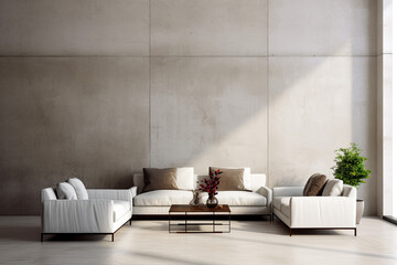 Interior of modern living room with white and gray armchairs and coffee table. 3d render