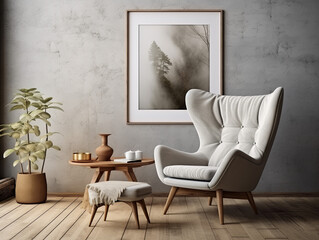 modern living room interior with brown armchair and vase with plant
