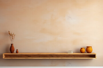 Wooden shelf with vases and plant on a beige wall