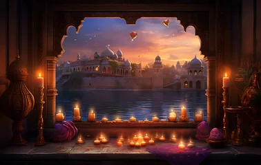 Fototapete Anbetungsstätte Evening sky and lamp with flames indian hindu festival art