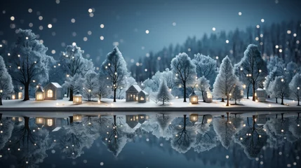 Foto op Canvas Abstract minimal winter Christmas background with Christmas tree, village house, AI generated © Nattawat