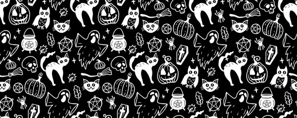 Monochrome seamless pattern of cute Halloween hand drawn doodle. Vector illustration Black and white background with ghost, cat, pumpkin, skull, coffin, owl, cauldron, broom, leaves. Silhouette style
