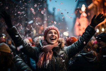 Beautiful woman having fun celebrating New Year festival outdoors in city streets or square, AI generated