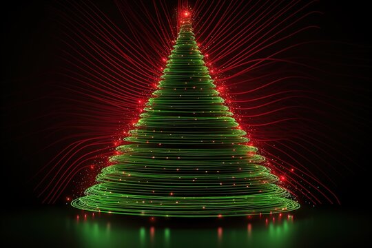 futuristic glowing neon green christmas tree on black background.