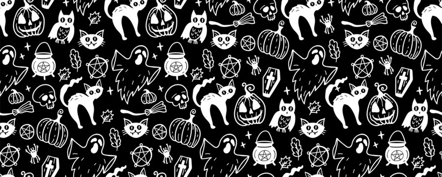 Monochrome seamless pattern of cute Halloween hand drawn doodle. Vector illustration Black and white background with ghost, cat, pumpkin, skull, coffin, owl, cauldron, broom, leaves. Silhouette style
