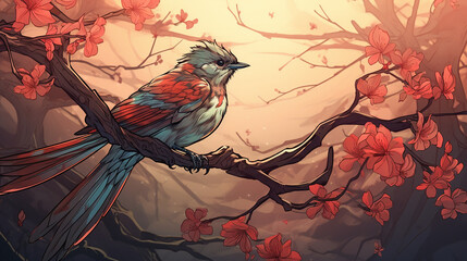 he bird perched on a tree branch, its wing healed and spreading its wings in gratitude, anime style illustration created with Generative Ai