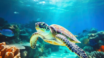 Obraz premium Sea turtle swimming on group of colorful fish and sea animals with colorful coral underwater in ocean, Underwater world in scuba diving scene, Endangered Turtle, Pollution in oceans concept.