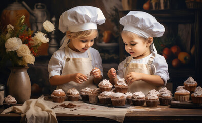 two kids with chef hats in kitchen cooking