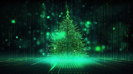 futuristic glowing green christmas tree , digital electronic programming neon code with green lines and dots, science and technology, Glowing rays with flickering particles , New year banner .
