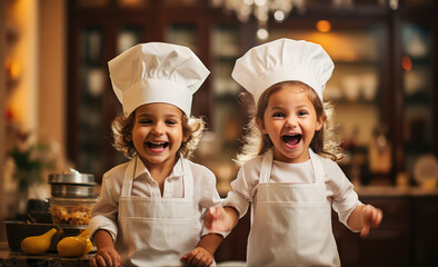 two kids with chef hats in kitchen cooking