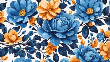 Zelfklevend Fotobehang Seamless Patterns, Repeating Steps Pattern Design, Fabric Art, Flat Illustration, Digital Printing, Highly Detailed Cleaning, Photorealistic Masterpiece, Blue Flower, Watercolor, White Background. © Evolved Design