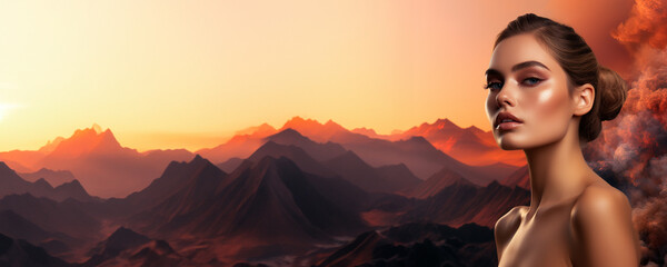 Fashion model portrait banner of a beautiful lady with natural mountain landscape background with copy space