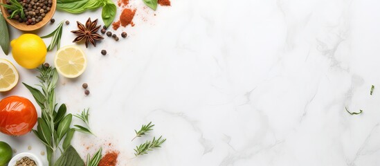 Organic spices and herbs on marble background for design Cookbook mockup