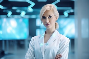 Portrait of pretty women doctor working in modern looking hospital. Generative Ai.
