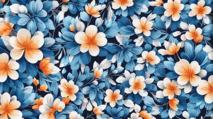 Fotobehang Seamless Patterns, Repeating Steps Pattern Design, Fabric Art, Flat Illustration, Digital Printing, Highly Detailed Cleaning, Photorealistic Masterpiece, Blue Flower, Watercolor, White Background. © Evolved Design
