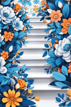 Fototapeta Seamless Patterns, Repeating Steps Pattern Design, Fabric Art, Flat Illustration, Digital Printing, Highly Detailed Cleaning, Photorealistic Masterpiece, Blue Flower, Watercolor, White Background.