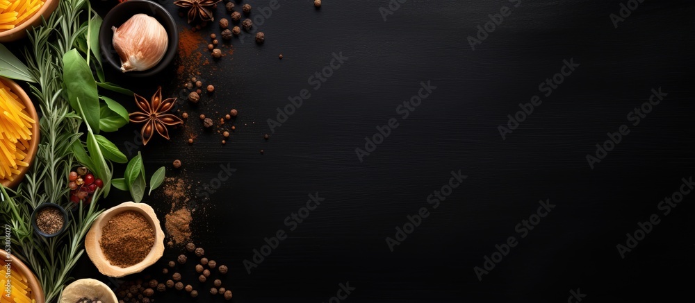 Poster black table with various foods menu concept copy space for text top view