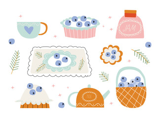 Dessert sticker. Tea time and cake collection. Cute doodle set for cafe, birthday or breakfast with blueberry cookies, cake, teapot, pie, jam and sweet cookies. Cozy food vector illustration - obrazy, fototapety, plakaty