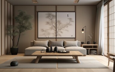 3d interior of a Japandi style interior living room