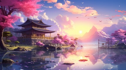 a beautiful japanese village town in the morning. buddhist temple shinto at sea river. cherry blossom sakura growing. anime comics artstyle. mount fuji in background. 16:9 4k resolution. Generative AI