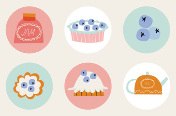 Cute blueberry pie, cookies, teapot, jam and blueberries. Round stickers for decorating children's birthdays and themed parties. A set of decorations for a candy bar. 