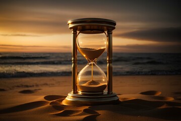 a hour glass in beach on sunset.