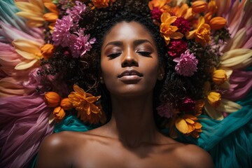  a woman with eye close and lay down head on flowers