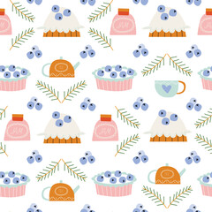 Seamless pattern with Blueberry, Pie, Teapot, Cup, Sprig of Greenery and Jar of Jam. Great for wallpaper, backgrounds, packaging, fabric, scrapbook