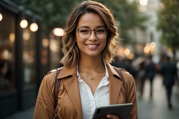 a woman smiling wearing googles and using tablet