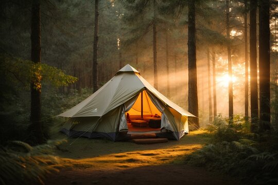 A tent in a dense forest with sunset rays falling from behind.