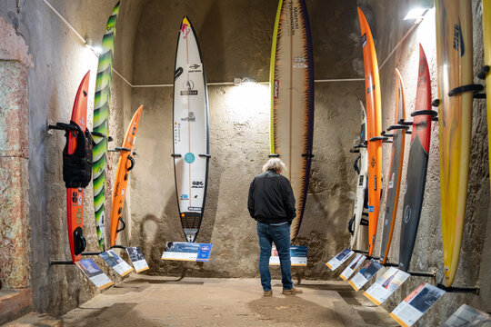 Nazare, Portugal, 20 November, 2022 Surfers museum inside Fortress of St. Michael in Nazare Sitio the high part of village near Praia do Norte, one of the most impressive surf sites in the world.